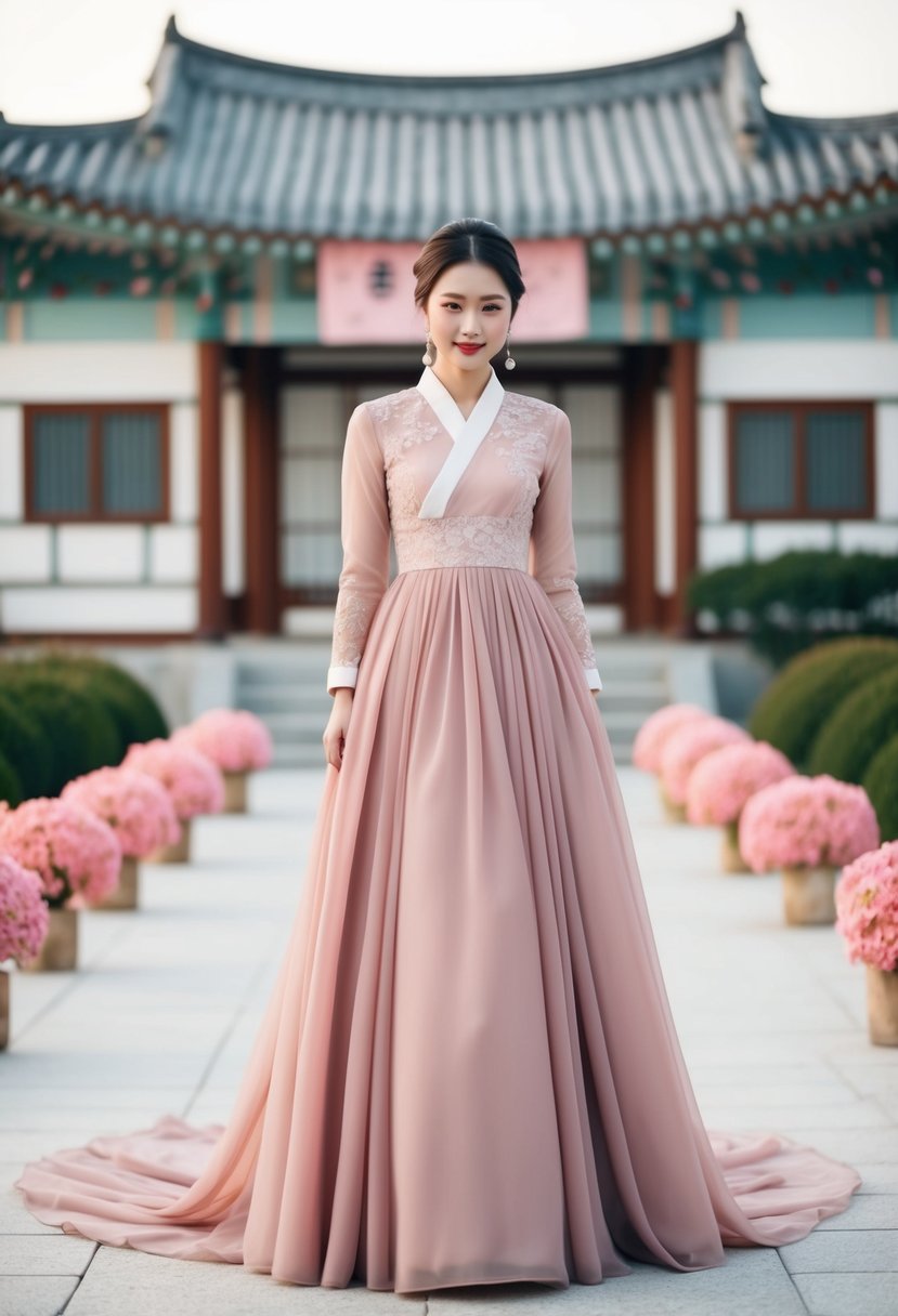 A flowing dusty rose A-line dress in a romantic Korean wedding setting with traditional elements and soft pink hues