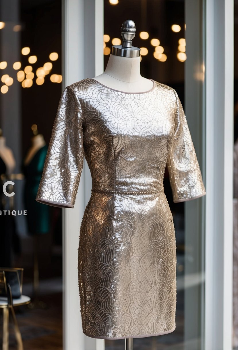 A shimmering metallic embroidered cocktail dress with 3/4 sleeves displayed on a mannequin in a chic boutique window