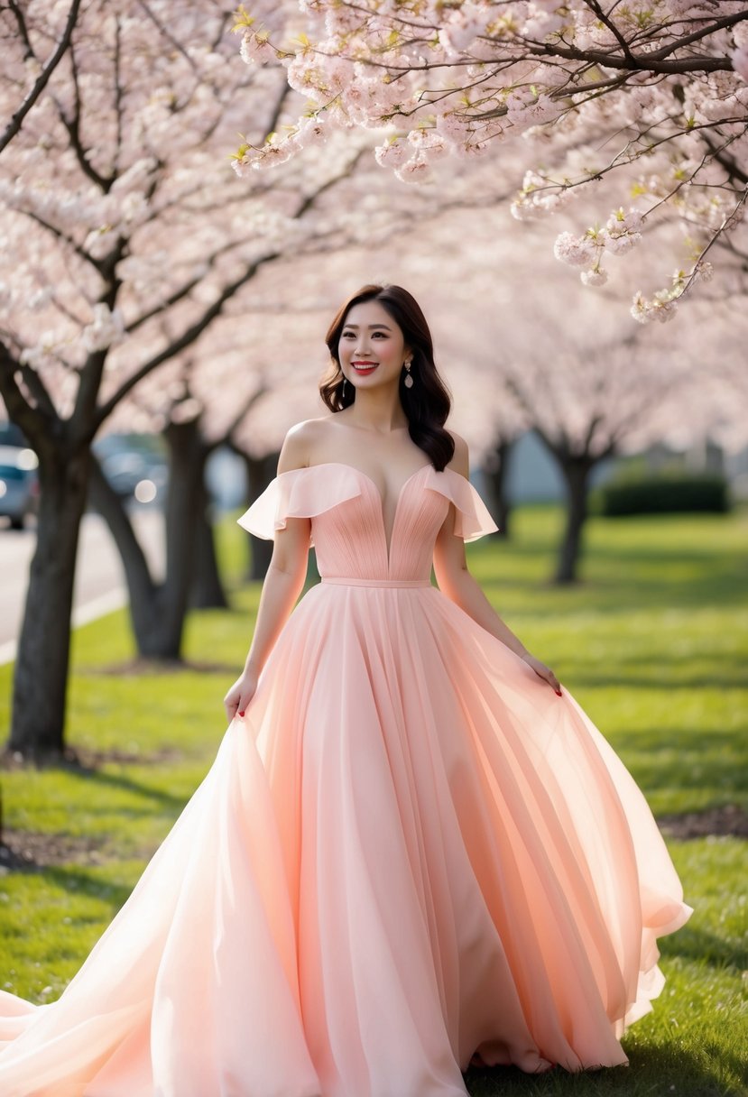 An off-shoulder peachy pink gown flowing in the breeze, surrounded by delicate cherry blossom trees