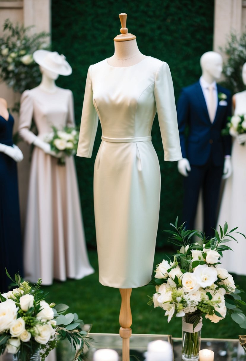 A mannequin wearing a classic satin sheath dress with 3/4 sleeves, surrounded by elegant wedding guest attire and accessories