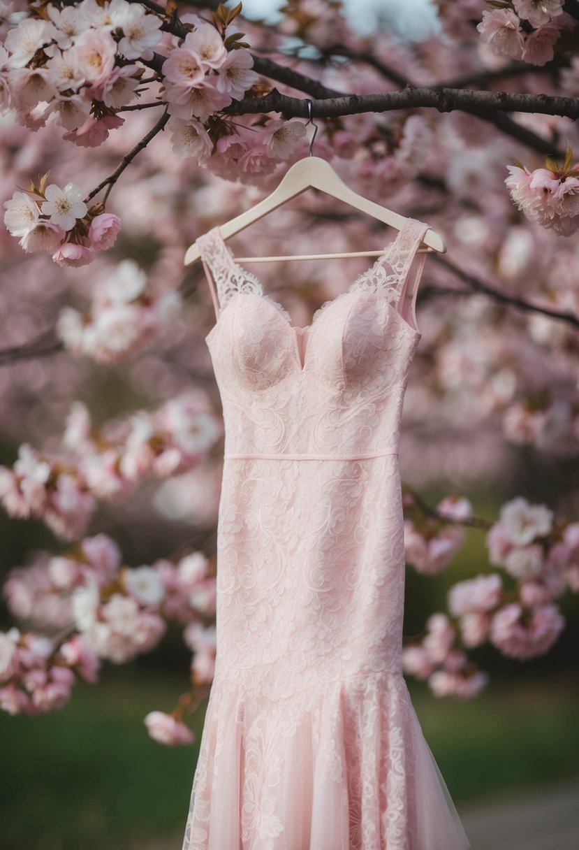 A soft pink lace mermaid dress draped over a delicate hanger, surrounded by blooming cherry blossoms