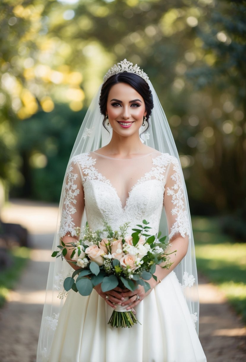 A bride in a flowing white gown with delicate lace details, holding a bouquet of fresh flowers, and wearing a sparkling tiara