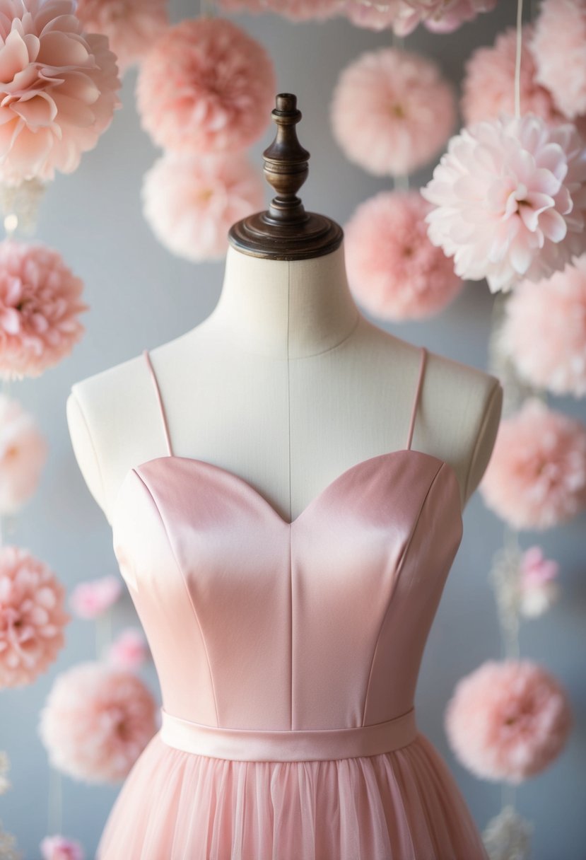 A blush pink illusion neckline dress on a mannequin, surrounded by delicate pink Korean wedding decor