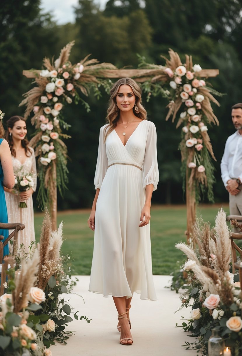 A bohemian chiffon midi dress with 3/4 sleeves, surrounded by rustic floral arrangements and vintage decor, creating a romantic wedding guest atmosphere