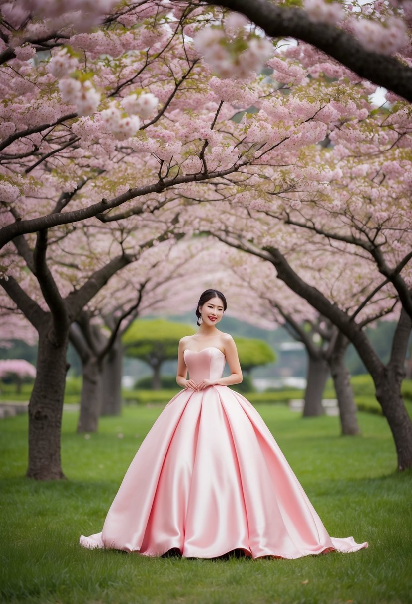 A rosy satin ball gown surrounded by cherry blossom trees in a serene Korean garden