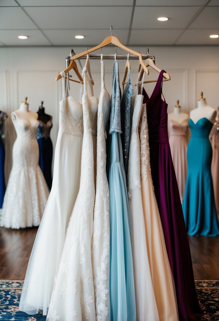 A rack of wedding dresses in various styles and colors, surrounded by mannequins wearing elegant bridal gowns and accessories