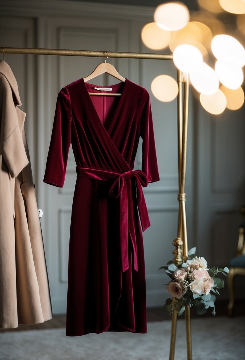 A velvet wrap dress with 3/4 sleeves hangs on a vintage coat rack, surrounded by elegant accessories and soft lighting