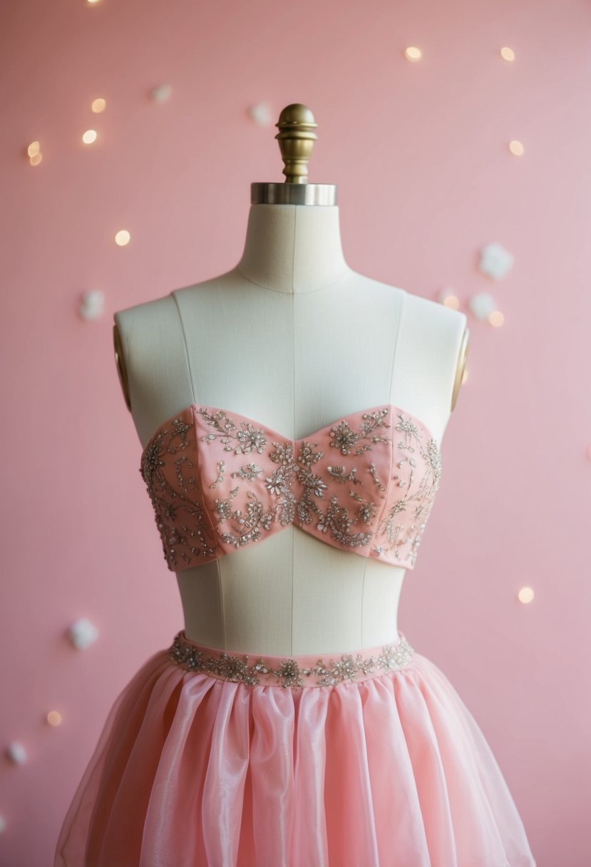 A mannequin adorned with a pink organza skirt and embroidered bodice, standing against a soft pink backdrop