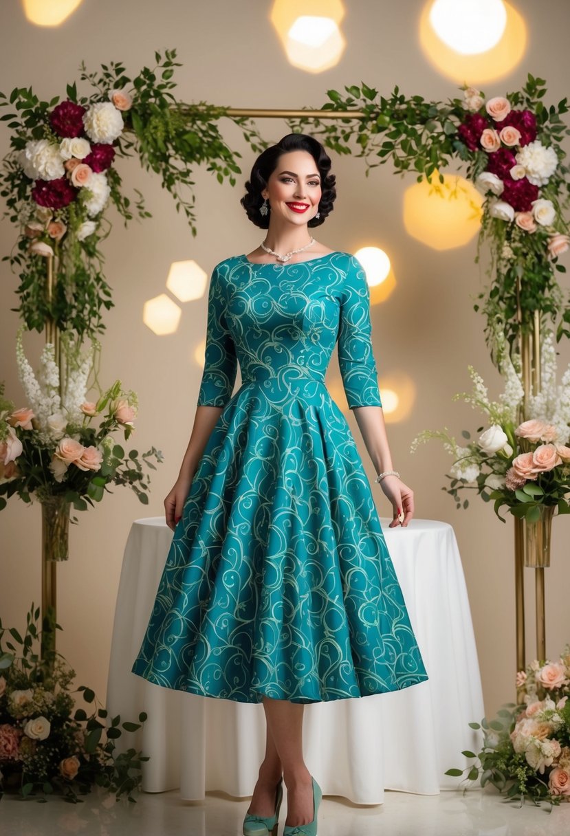 A woman in a 1950s swing dress with 3/4 sleeves, standing in a retro-inspired wedding setting, surrounded by vintage decor and floral arrangements