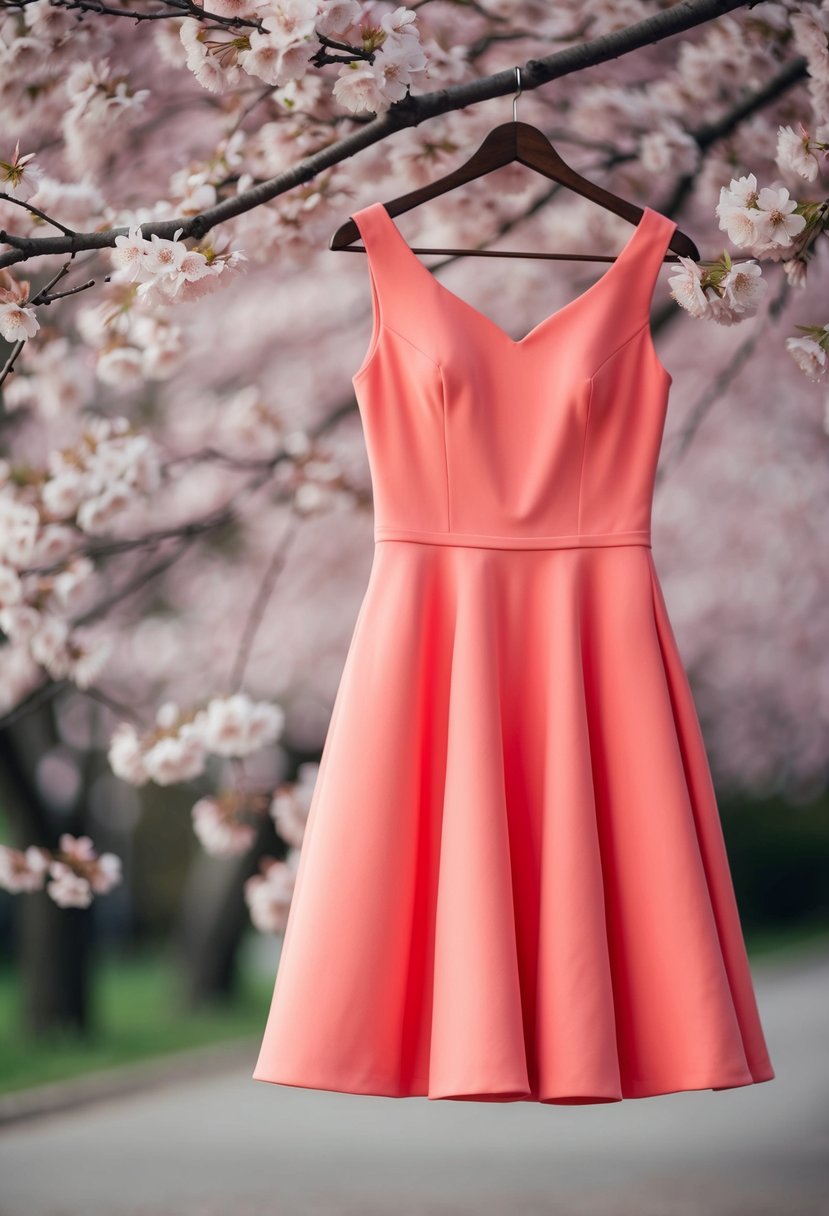 A coral pink fit and flare dress hanging on a hanger, surrounded by delicate cherry blossom branches