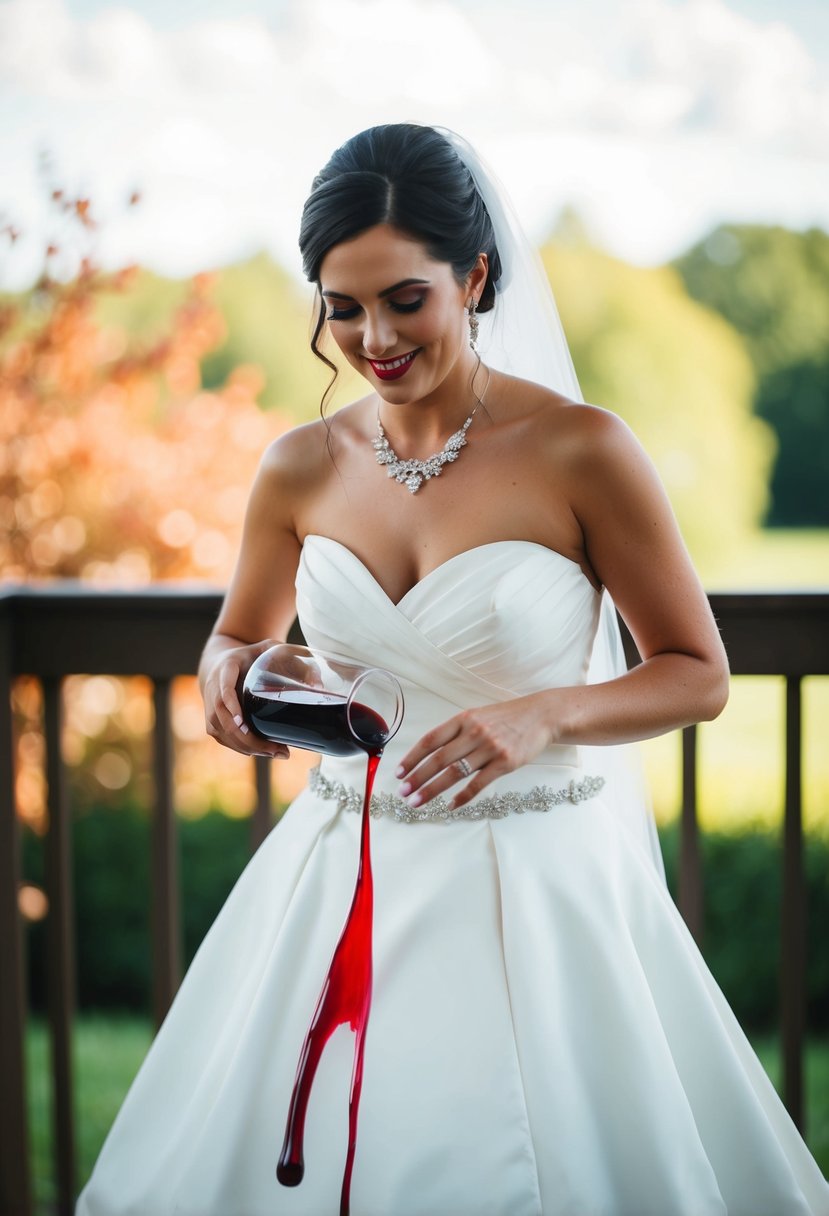 A bride spills red wine on her white dress at the wedding