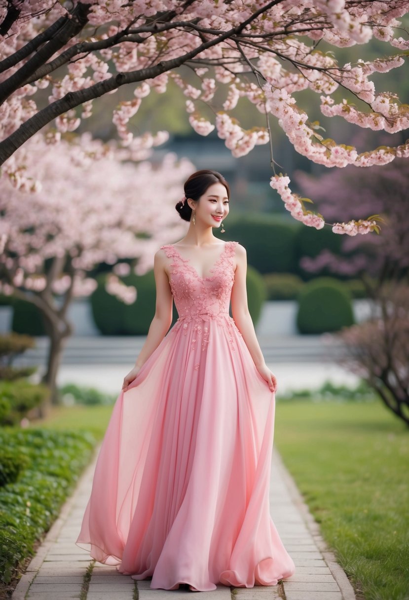 A flowing pink dress adorned with cherry blossoms, set against a serene Korean garden