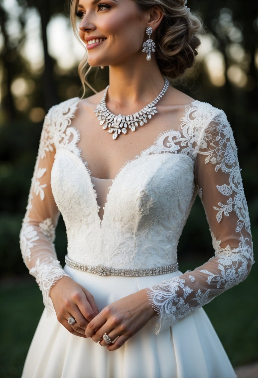 A wedding dress with delicate lace sleeves, adorned with a sparkling necklace and elegant earrings