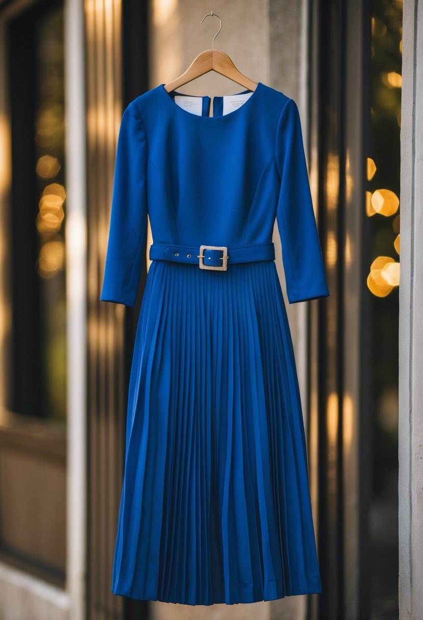 A pleated skirt dress with a belt, featuring 3/4 sleeves, suitable for a wedding guest