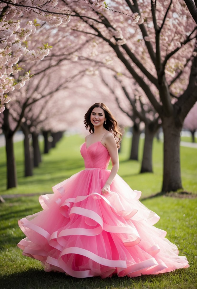 A bubblegum pink tulle layered gown flowing in the wind, surrounded by cherry blossom trees in full bloom