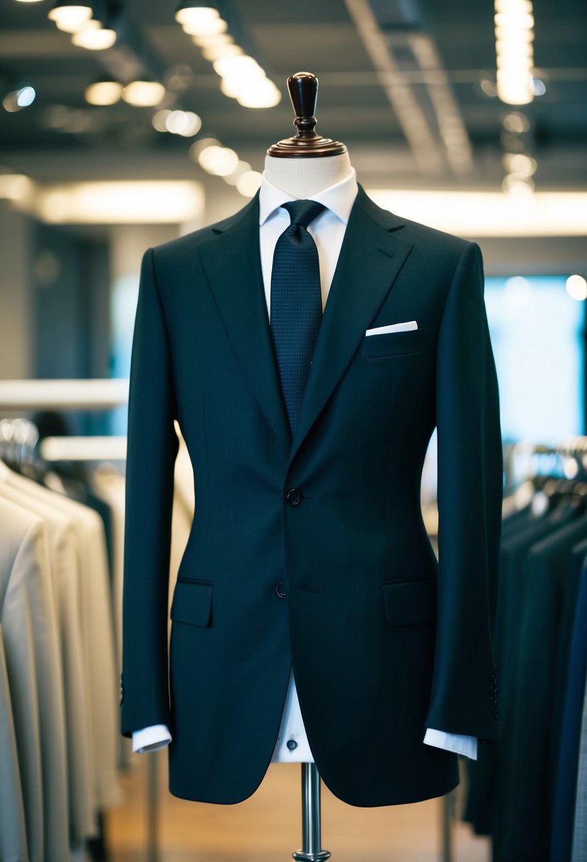 A sleek, well-tailored classic suit displayed on a mannequin