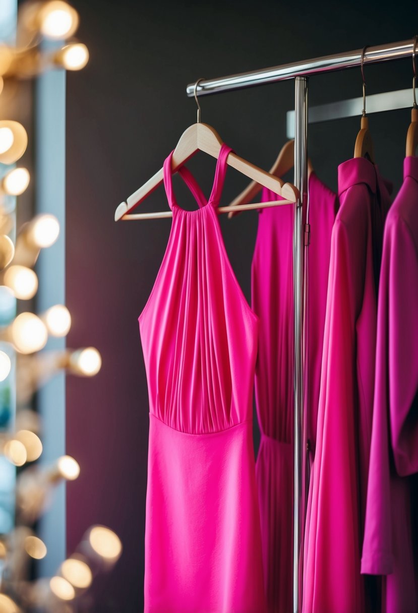 A hot pink halter neck dress hangs on a sleek, modern clothing rack, surrounded by soft, romantic lighting