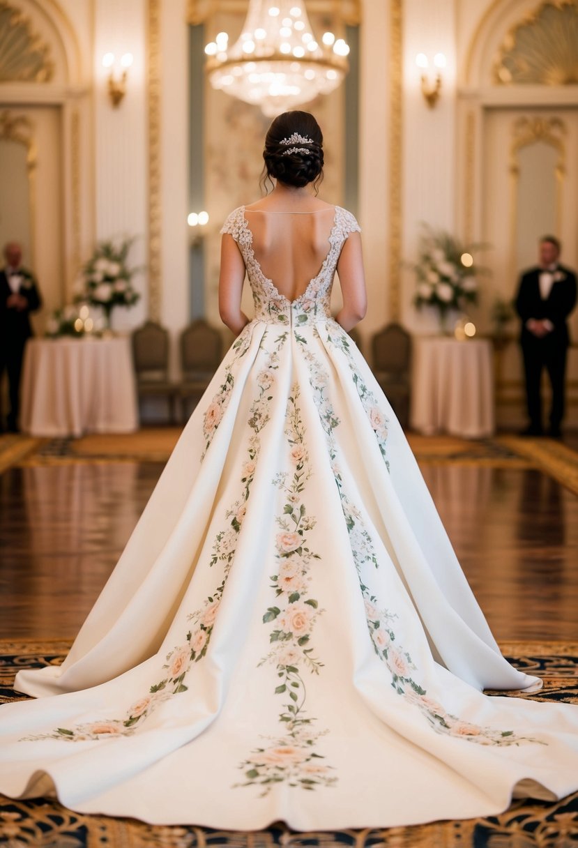 A bride's dress matches the elegant decor of a grand ballroom, with intricate floral patterns and luxurious fabrics