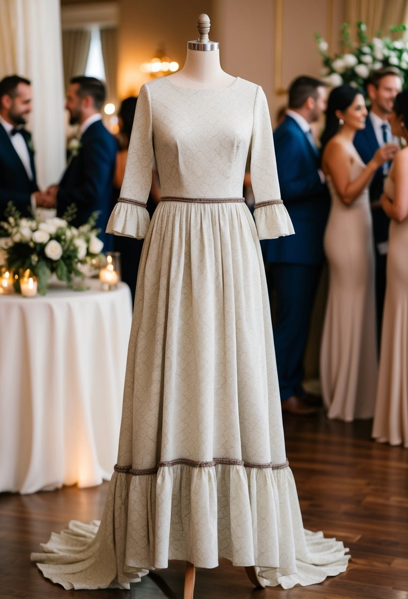 A flowing empire waist dress with ruffled trim, 3/4 sleeves, and a delicate pattern, set against a backdrop of a wedding reception with elegant decor and guests mingling