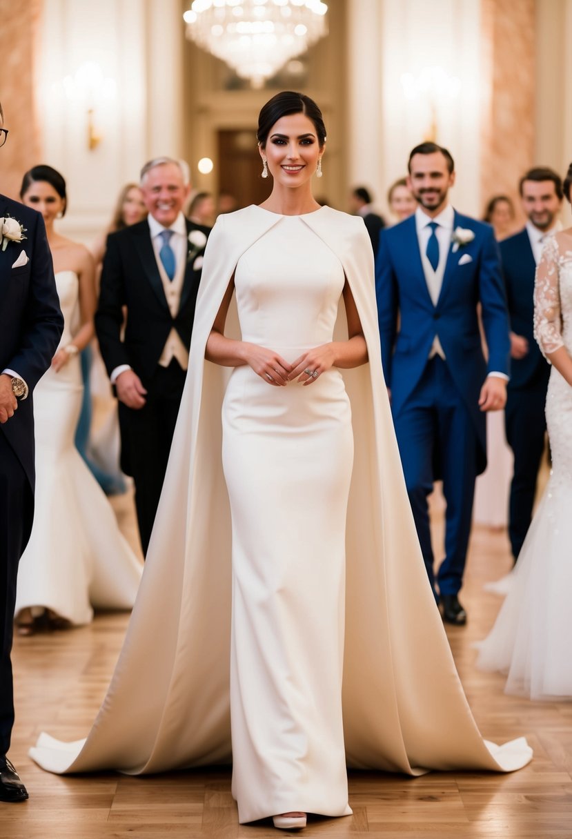 A woman in a glamorous cape sleeve gown stands in a grand ballroom, surrounded by other elegantly dressed wedding guests