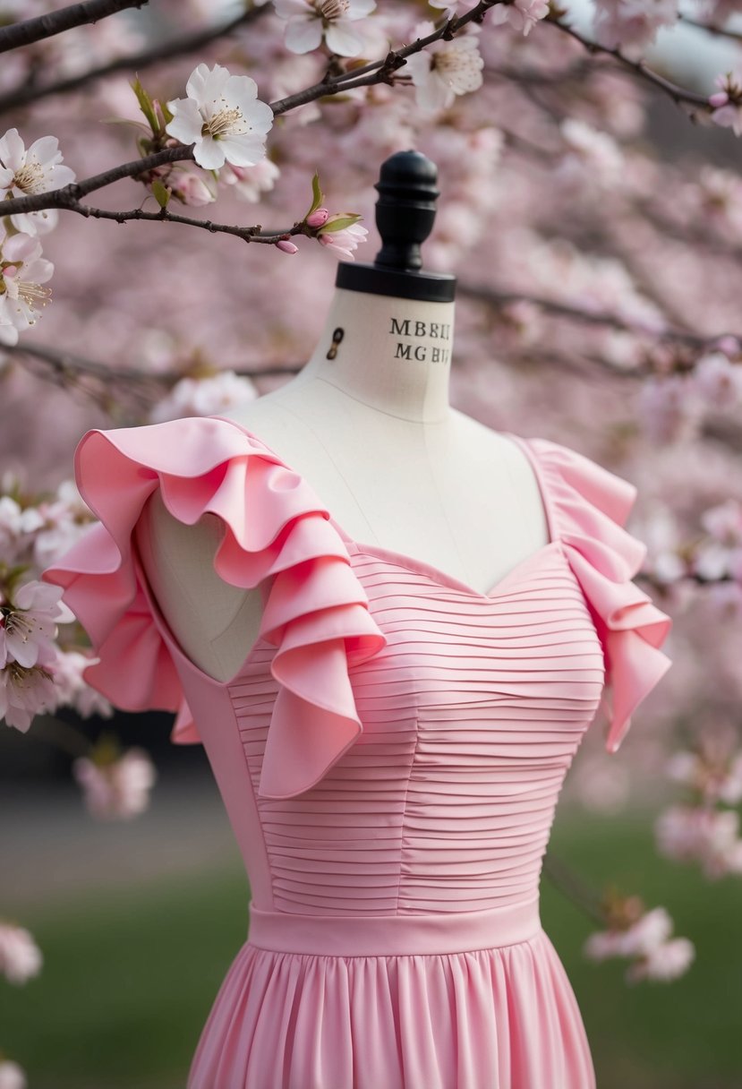 A pink ruffled sleeve dress on a mannequin, surrounded by delicate cherry blossom branches