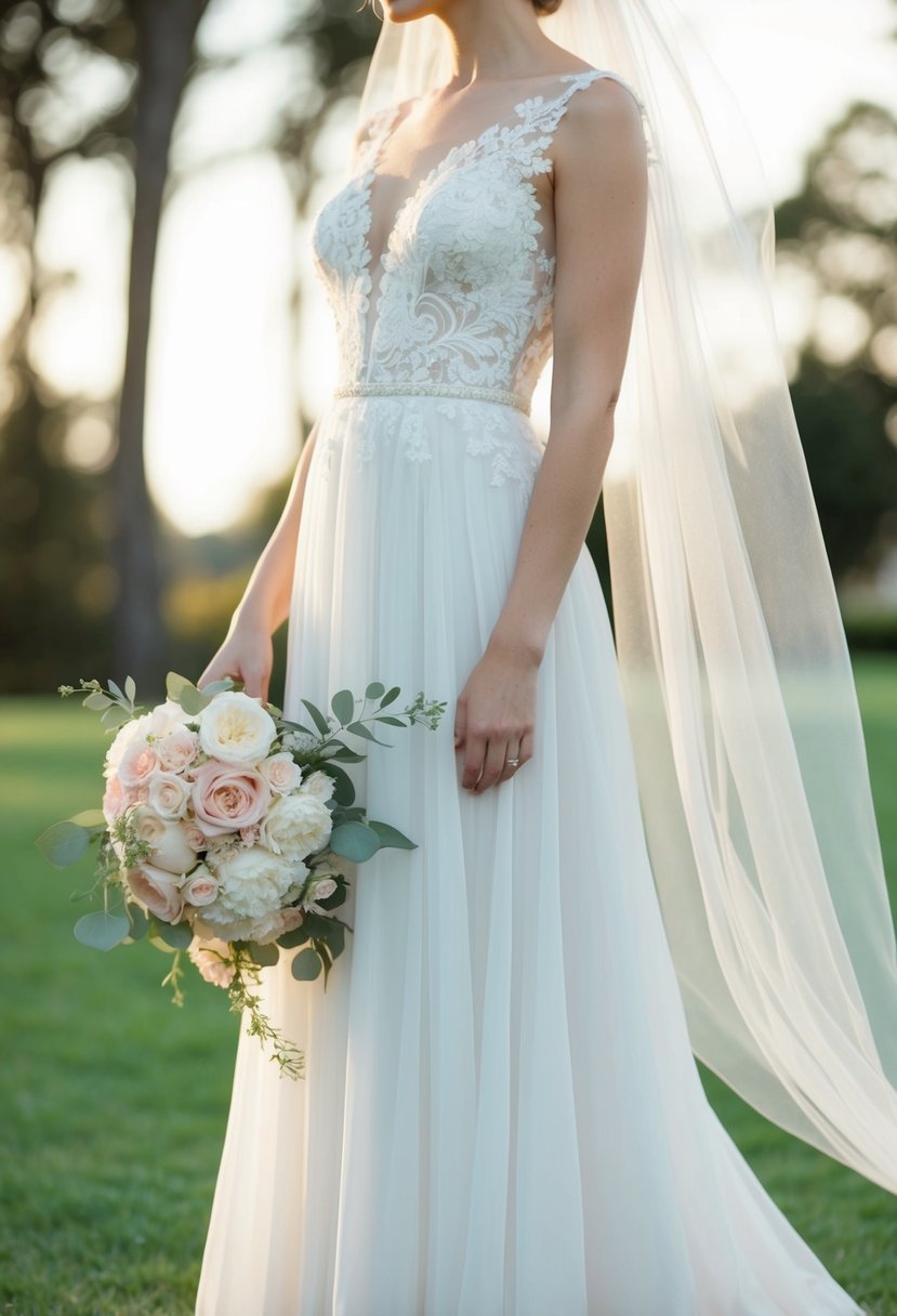 Elegant, timeless, and romantic. A flowing white gown with delicate lace details, paired with a classic veil and a bouquet of soft, pastel flowers