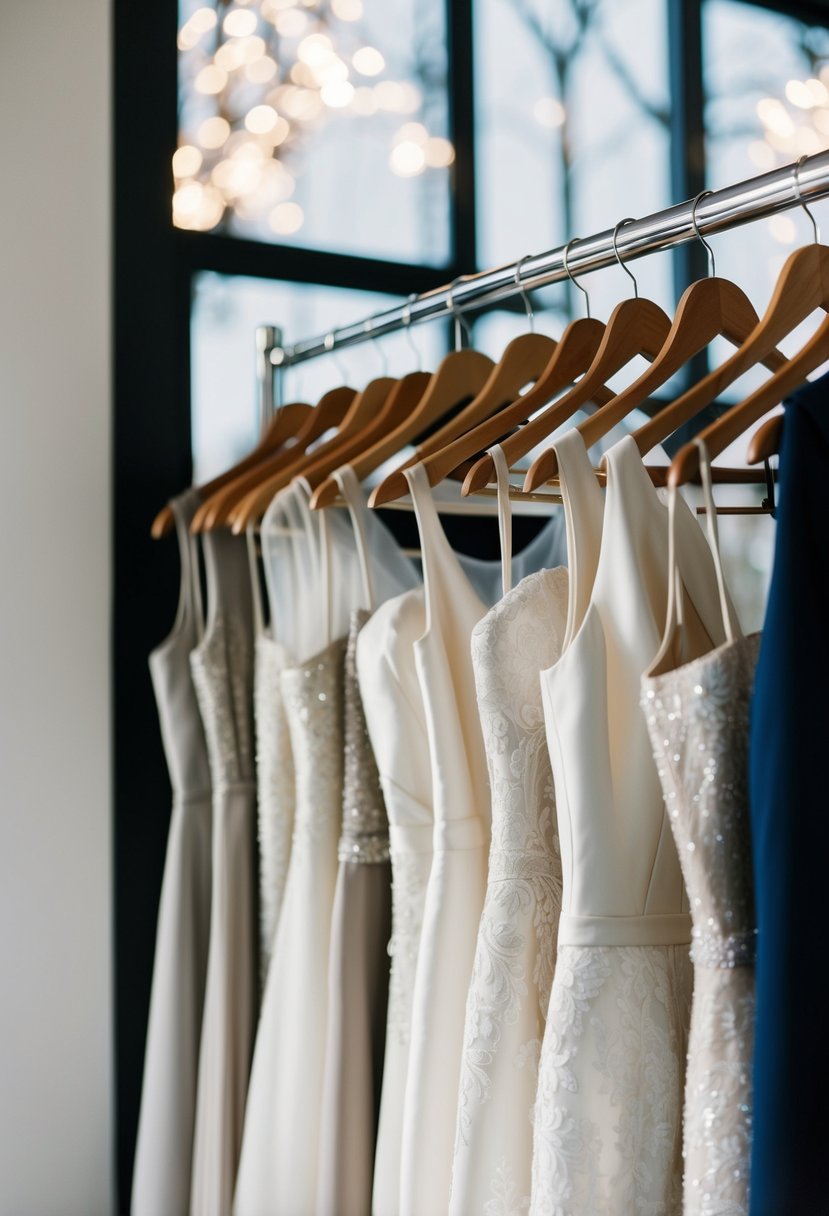 A row of elegant wedding outfits hanging neatly on a clothing rack, all perfectly pressed and free of wrinkles