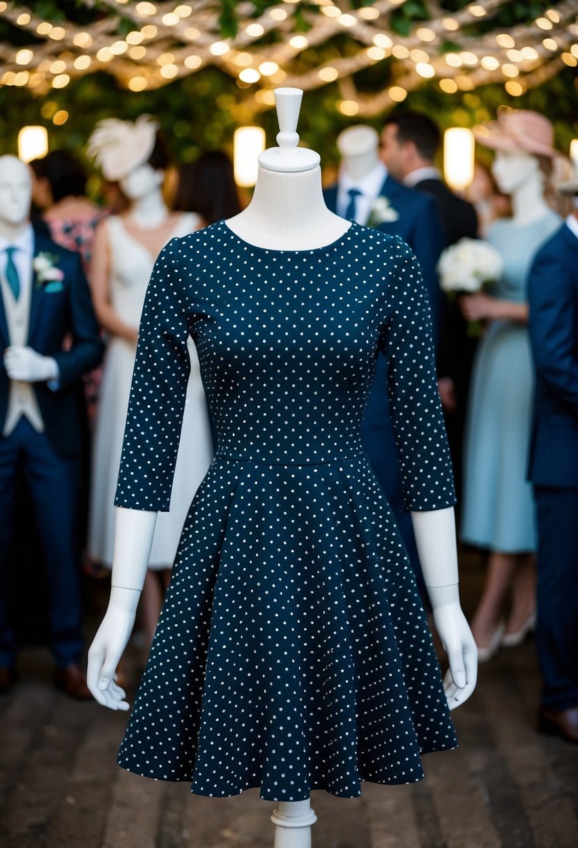 A mannequin wears a polka dot fit and flare dress with 3/4 sleeves, set against a backdrop of wedding guest attire