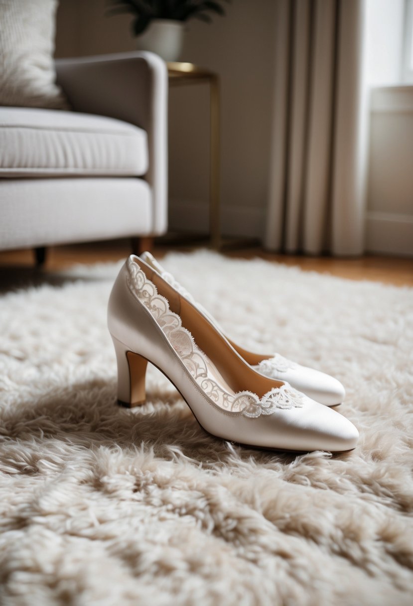 A pair of elegant, white satin wedding shoes with delicate lace detailing and a low heel, placed on a soft, plush rug in a well-lit room