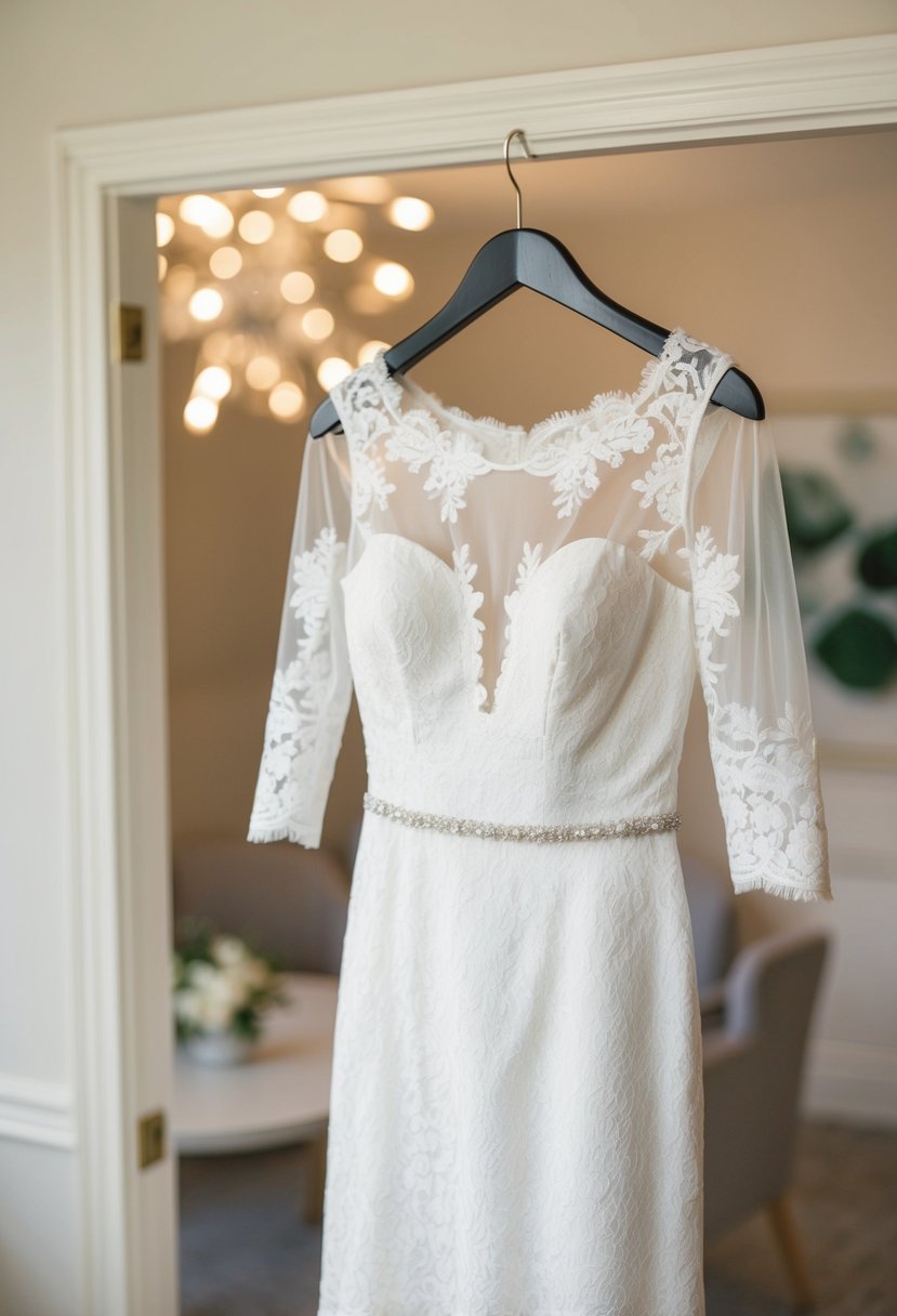 A lace dress with an illusion neckline and 3/4 sleeves, perfect for a wedding guest, hanging on a hanger in a softly lit room