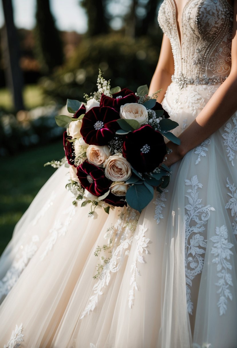 A wedding dress made of lace, silk, and tulle, adorned with intricate beading and embroidery. Bouquet of velvet and satin flowers