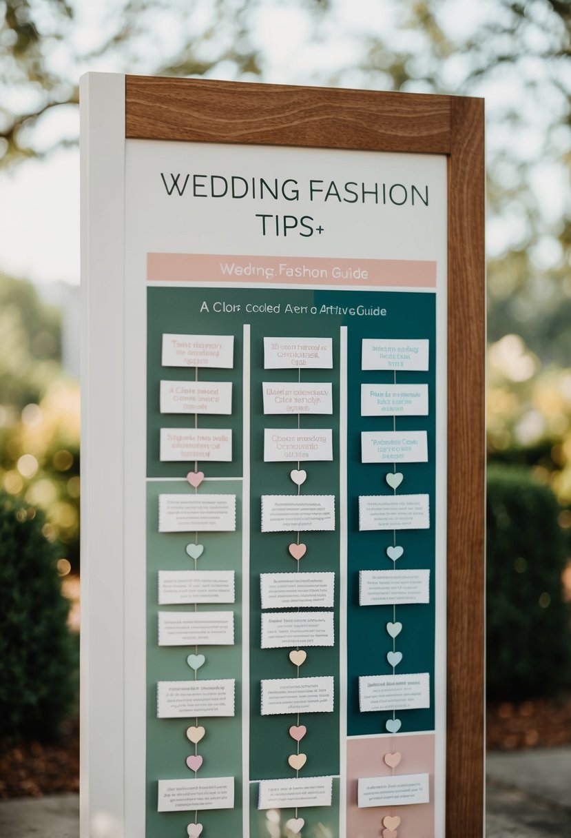 A color-coded attire guide displayed with wedding fashion tips