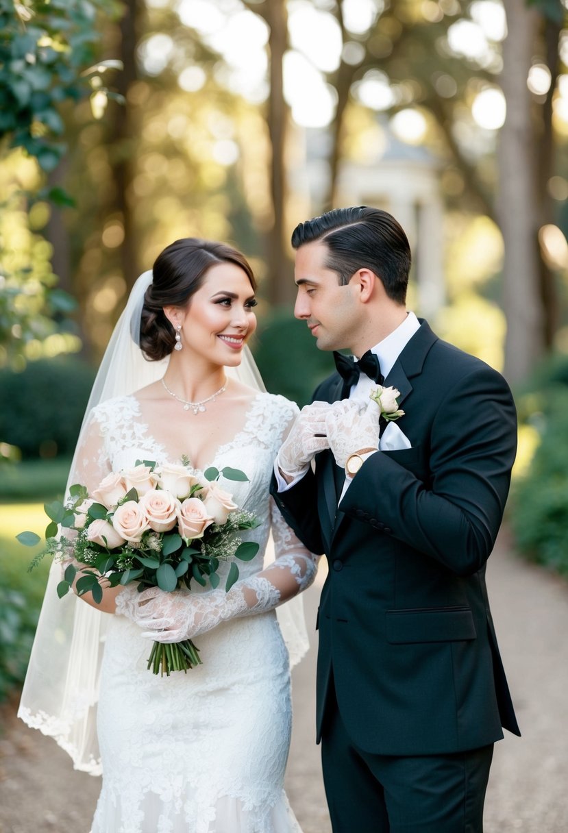 A bride in a lace gown holds a bouquet of roses, while a groom in a classic black suit adjusts his bow tie. Vintage elements like a pocket watch and antique lace gloves add a timeless touch to their attire