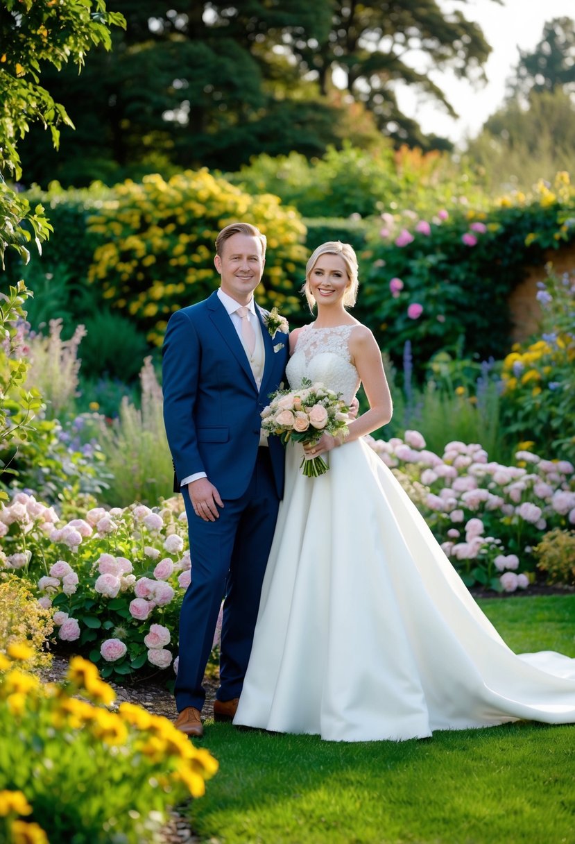 A bride and groom stand in a garden surrounded by blooming flowers and greenery, wearing elegant attire that perfectly complements the seasonal colors and textures