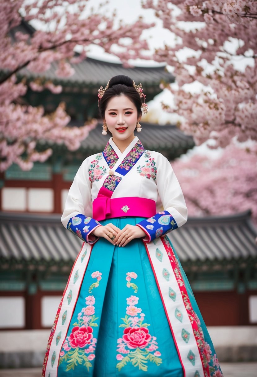 A bride in traditional Korean wedding dress with intricate embroidery and vibrant colors, standing against a backdrop of cherry blossoms and traditional architecture