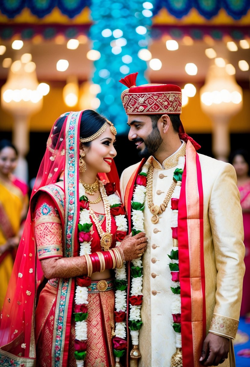 A bride and groom dressed in traditional cultural wedding attire, surrounded by vibrant colors and intricate patterns