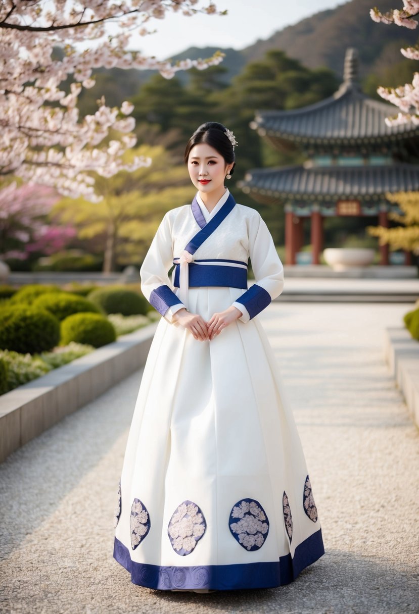 A bride in a modern Hanbok-inspired gown, with traditional Korean motifs, stands in a serene garden setting, surrounded by cherry blossoms and a pagoda