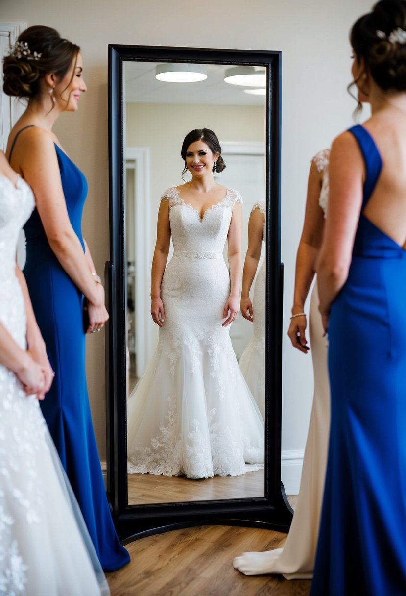 A bride standing in front of a full-length mirror, trying on different wedding dresses to find the one that best complements her body type