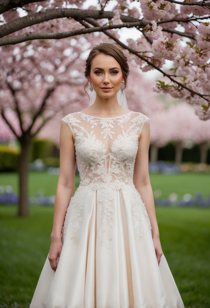 A bride stands in a garden, wearing a lace and silk fusion dress with delicate floral embroidery, surrounded by blooming cherry blossom trees