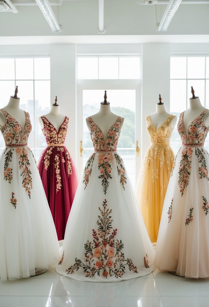 A group of elegant floral motif embroidered dresses displayed on mannequins in a bright and airy Korean wedding dress boutique