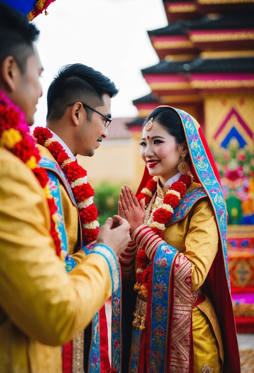 A bride in traditional Hwal-ot robes bows to her groom, surrounded by vibrant colors and intricate embroidery