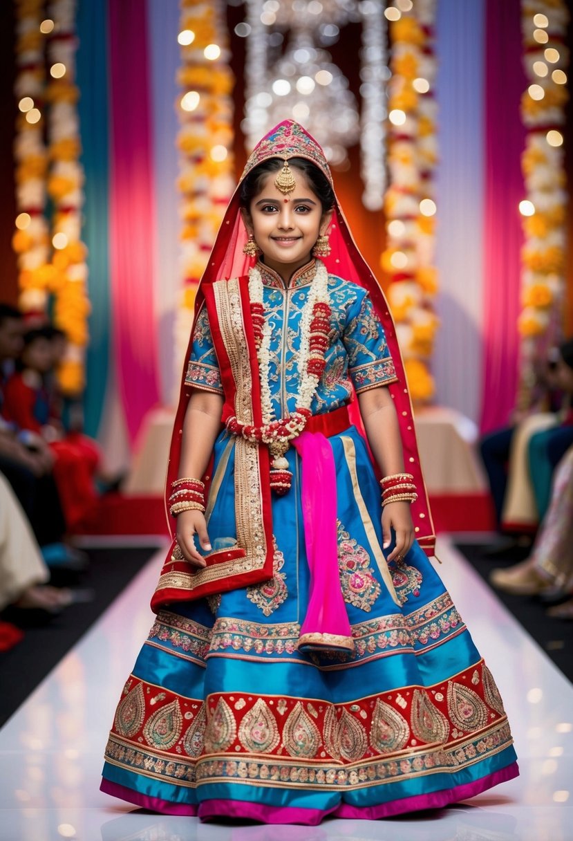 A colorful, ornate Indian wedding dress for kids, featuring intricate embroidery, vibrant colors, and flowing fabrics