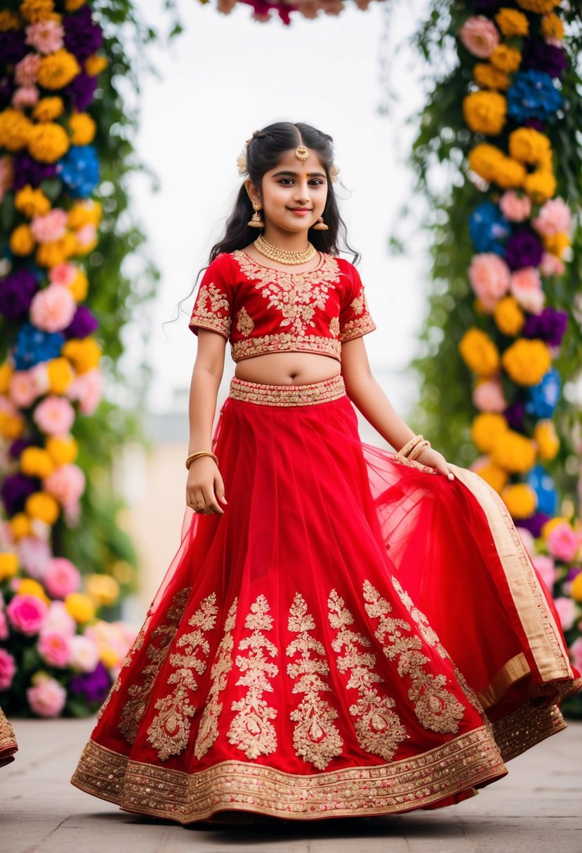 A young girl twirls in a vibrant red lehenga choli, adorned with intricate gold embroidery, surrounded by colorful floral decorations