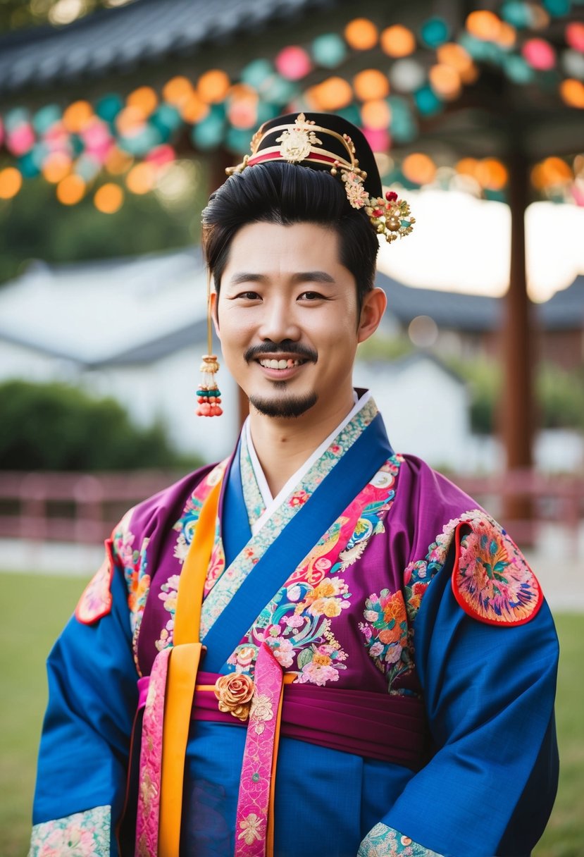 A Chima Chogori with a Twist: traditional Korean wedding attire with modern elements, vibrant colors, and intricate embroidery