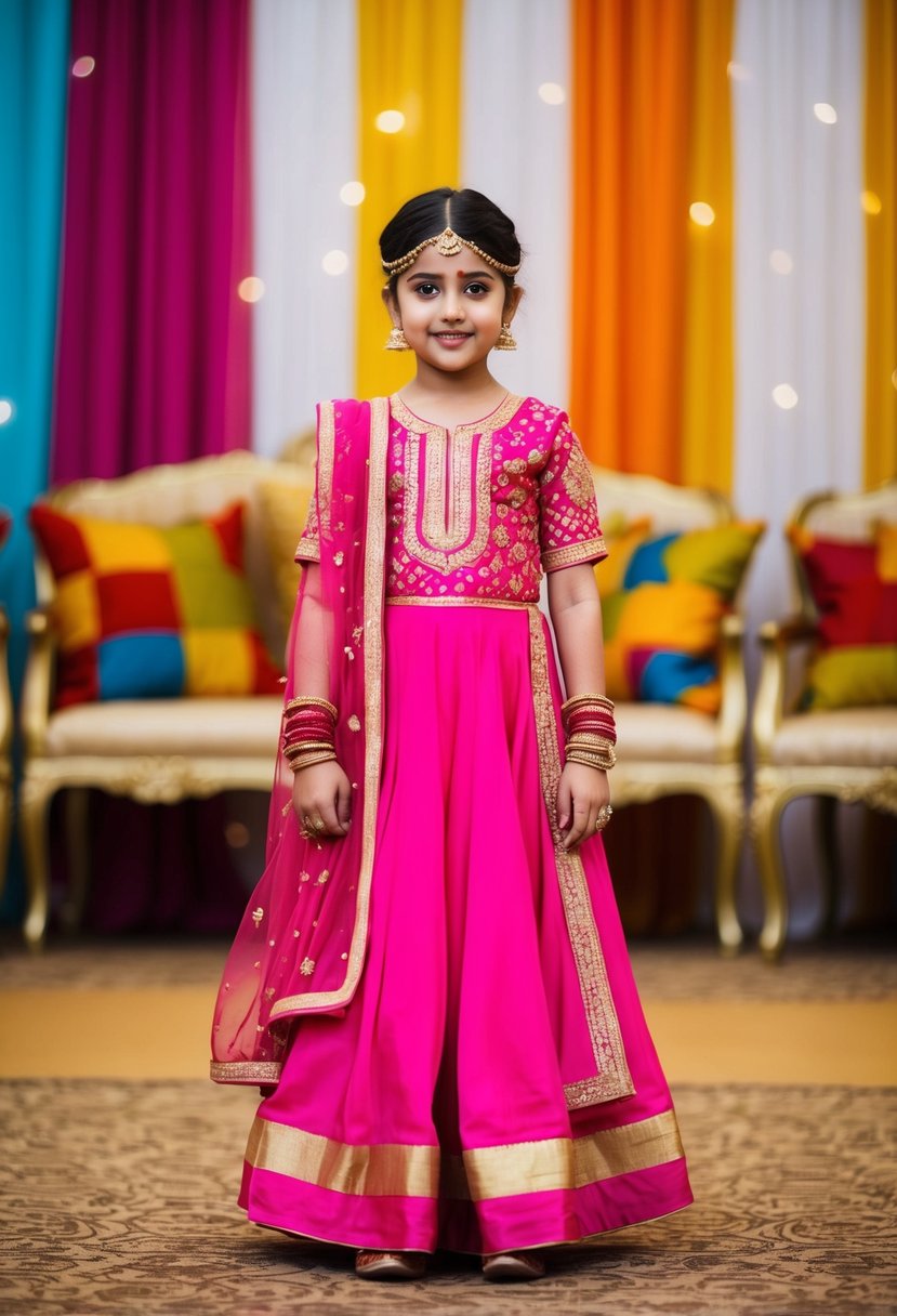 A young girl wearing a pink Anarkali suit with gold accents, standing in front of a colorful backdrop at an Indian wedding celebration