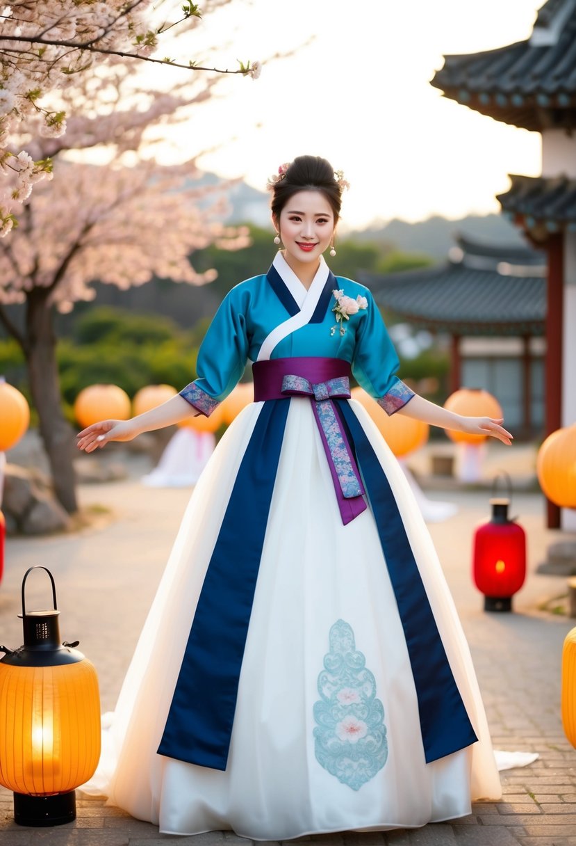 A bride in a belted A-line Hanbok gown, surrounded by traditional Korean wedding elements like lanterns and cherry blossoms