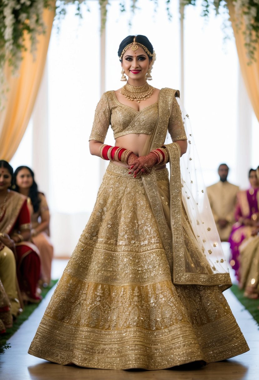 A golden lehenga adorned with intricate embroidery, shimmering in the soft light of an Indian wedding ceremony