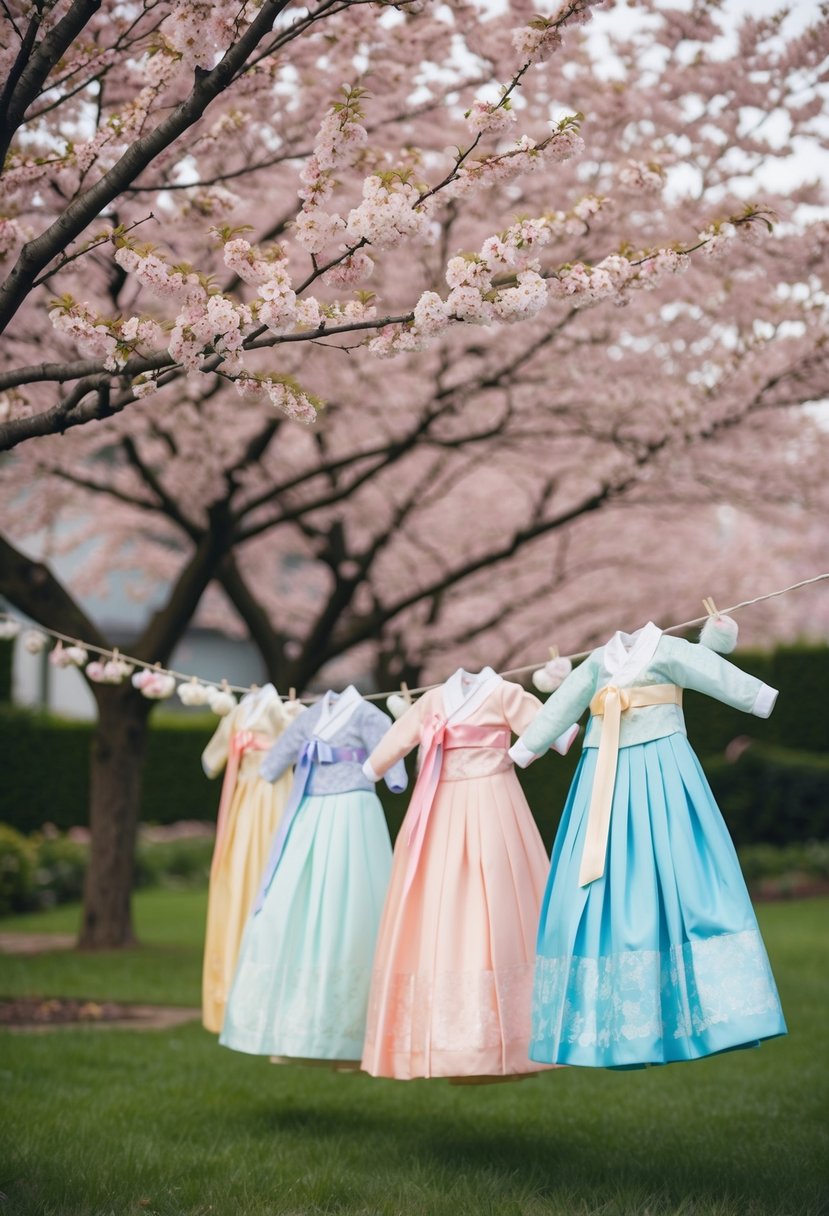 A garden setting with cherry blossom trees, where pastel-colored Hanbok wedding dresses are hung on a line, blowing gently in the breeze