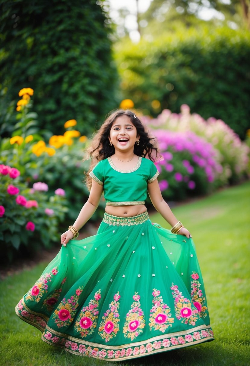 A young girl twirls in a lush garden wearing a green lehenga adorned with vibrant floral designs, her laughter echoing through the colorful blooms