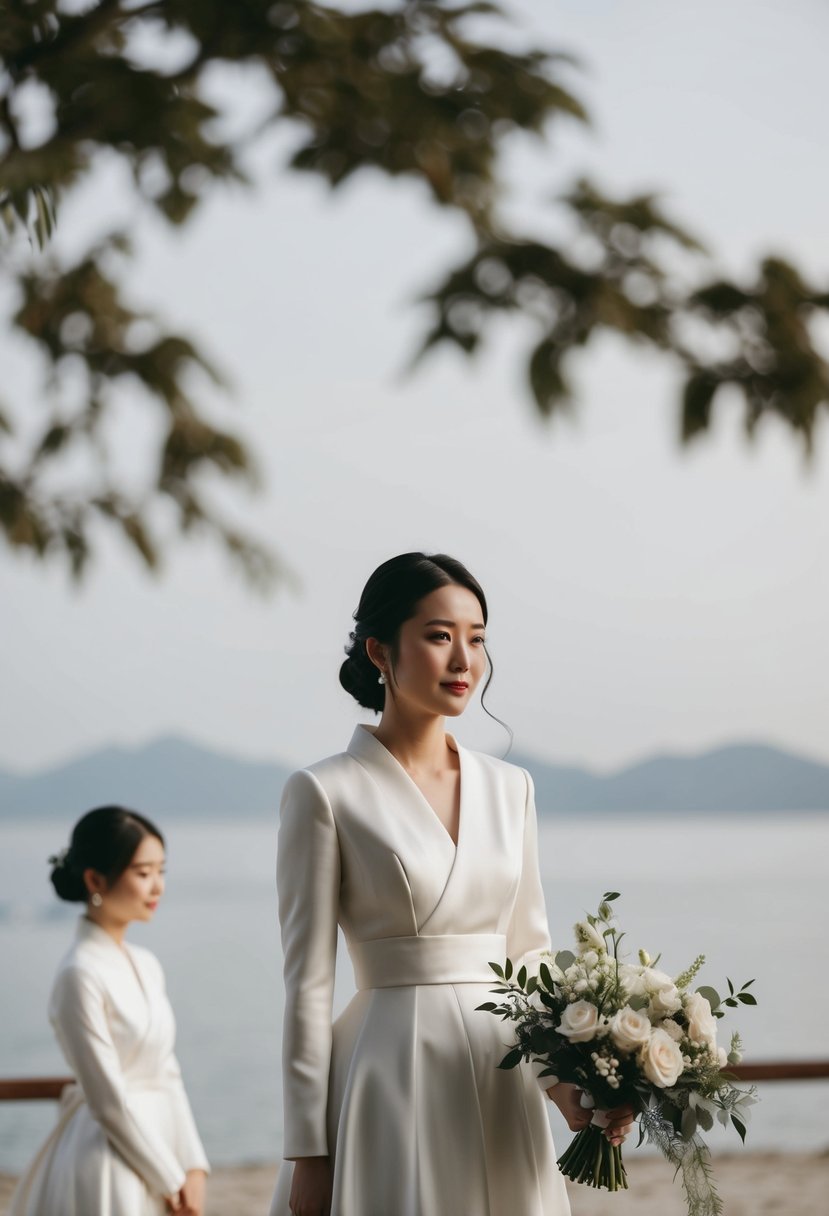 A serene, modern wedding scene with minimalist white satin dresses and elegant Korean-inspired details